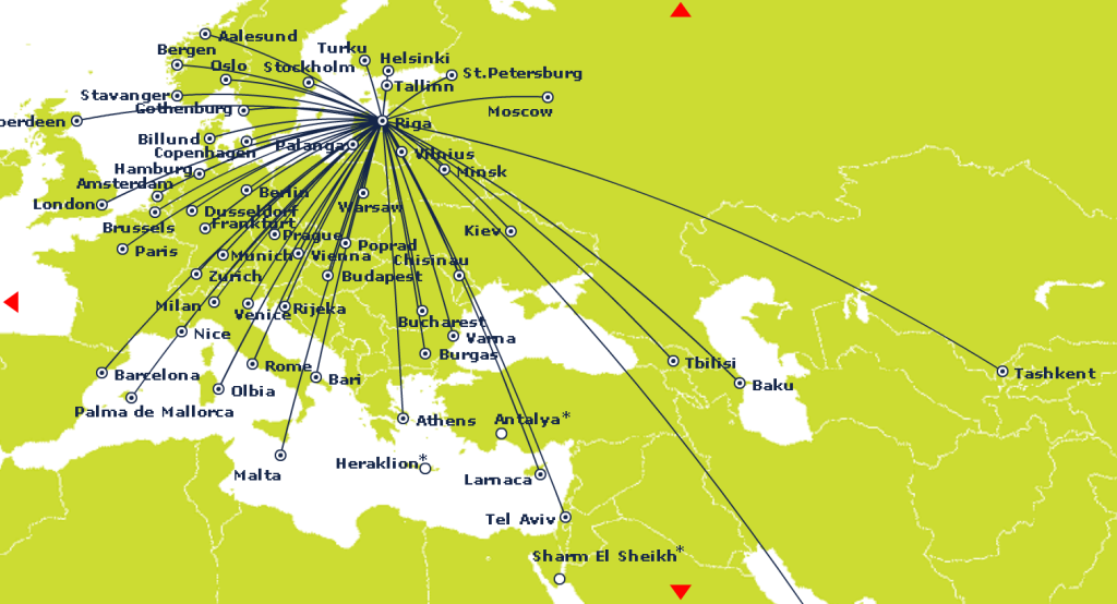 Карта направлений Air Baltic из Риги