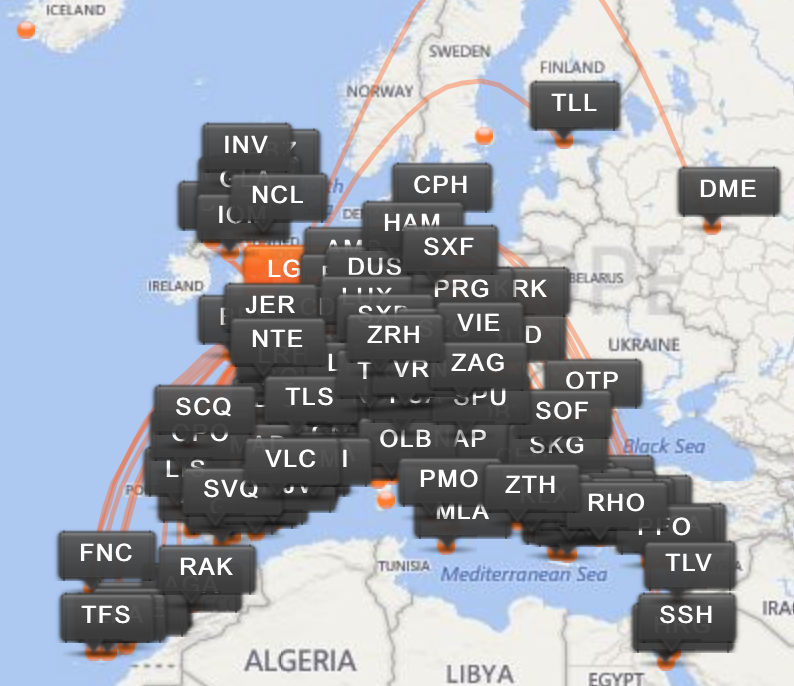 Карта полетов easyJet из Лондона