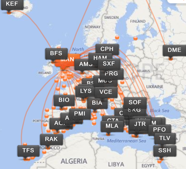 Карта полетов easyJet из Манчестера