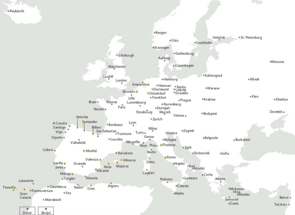 Карта направлений Vueling. Кстати, читается как "буэлинг".